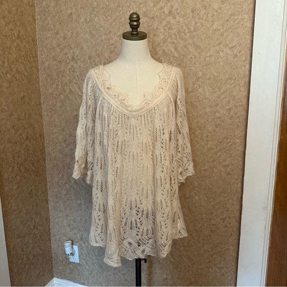 Free People Sweaters - Free People Cream Beige Crochet knitted Lace Wool Alpaca Blend Sweater Blouse